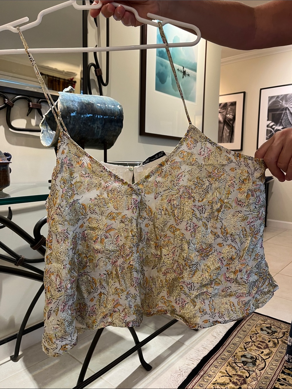 Zara Floral Metallic-Thread Cami in Ivory and Gold